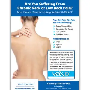 A flyer with an image of a woman 's back and neck.